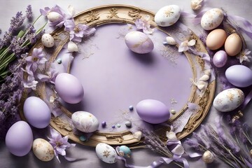 Pale lavender setting with elaborate Easter embellishments and an assortment of eggs, creating an ethereal space for your celebratory message