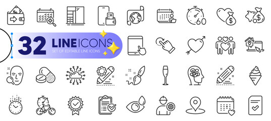 Outline set of Time, Work home and Medical calendar line icons for web with Translation service, Eye drops, Checked file thin icon. Pin, Donation, Stress pictogram icon. Paint brush. Vector