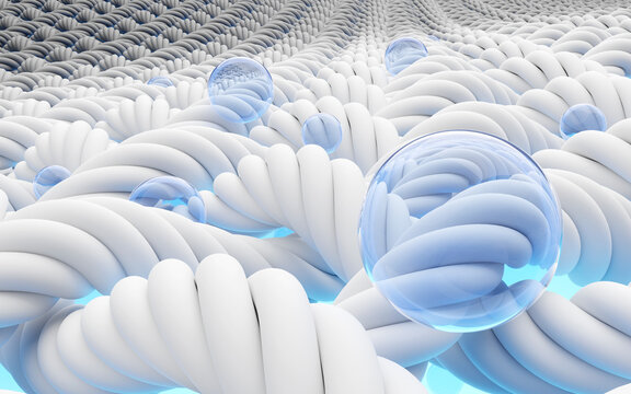 3D Macro fabric fiber of cloth. Empty water ball remove stain. Water bubble deep cleaning shirt. Disinfecting of washing machine. Antibacterial, stains, bleach, washing powder in advert. 3d render.