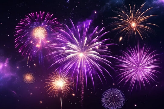 Purple holiday fireworks background with sparks, colored stars and bright nebula on black night sky universe. Amazing beauty colorful fireworks display on celebration, showing. Holidays backgrounds