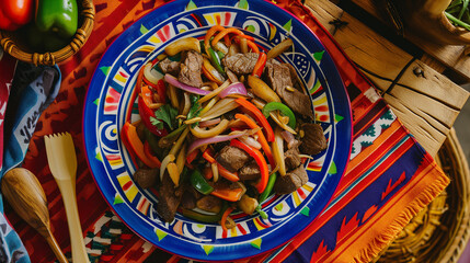 Peruvian Lomo Saltado on a colorful plate