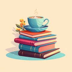 Hand drawn flat stack of books. A stack of books and a cup of coffee
