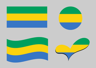 Flag of Gabon. Gabon flag in heart shape. Gabon flag in circle shape. Country flag variations