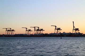Fototapeta na wymiar Gantry cranes and cargo ships in dusk at Oi Container Terminal in Tokyo, Japan