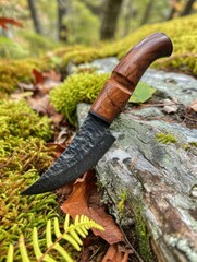a knife with a wooden handle on a log
