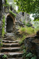 a stone stairs leading to a stone building