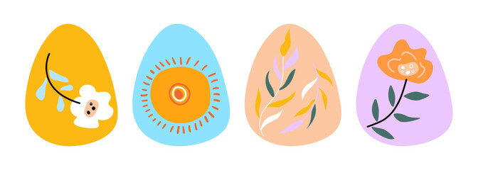 Set of botanical Easter eggs. Flower, leaves and sun in patterns on Easter eggs