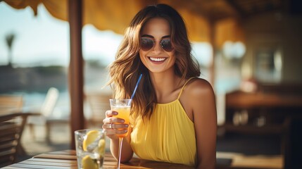 At the sea cafe, a young, stylish, and beautiful woman is enjoying pancakes, cocktails, and smoothies while dressed in a flirty resort-style outfit with sunglasses and a joyful face. - obrazy, fototapety, plakaty