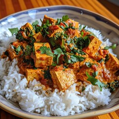 a bowl of rice with tofu and cilantro