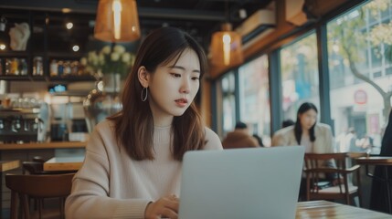 Young Asian woman using laptop working at a coffee shop - obrazy, fototapety, plakaty