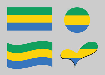 Flag of Gabon. Gabon flag in heart shape. Gabon flag in circle shape. Country flag variations
