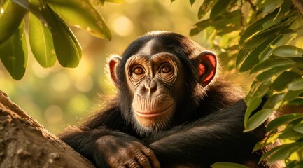 a chimpanzee sitting on a tree branch
