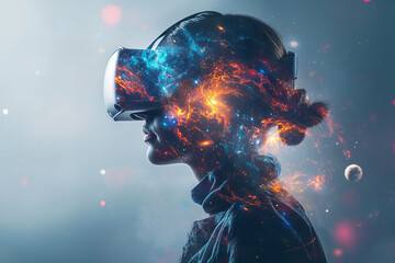 a double exposure profile of a person in modern sleek metallic VR headset, universe futuristic world with planets and galaxies. Virtual Reality theme.