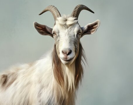 a goat with horns looking at the camera