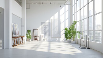Light and Airy Studio Floor-to-ceiling windows flood this minimalist artist's studio with natural light. White walls and clean lines provide a blank canvas for creativity