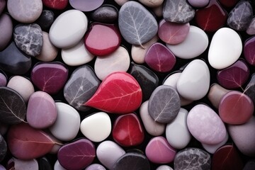 a red leaf on a pile of colorful stones