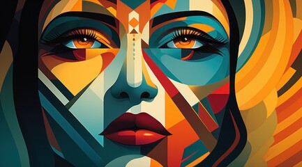 a woman's face with colorful geometric shapes