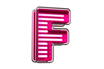 Eye catching neon font 3D letter F in vivid pink and stainless steel color. Beautiful typography for composing titles, ad headers and eye-catching texts. High quality 3D rendering.