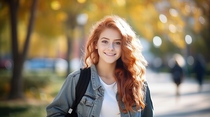 Education concepts are being studied by teenagers at university with cheerful, lovely redhead females.
