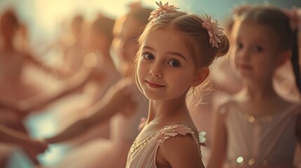 The dance studio comes alive with the spirited movements of adorable young dancers, their coordinated efforts and smiles adding a touch of magic to the ballet school atmosphere.