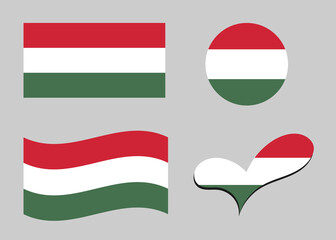 Flag of Hungary. Hungary flag in heart shape. Hungary flag in circle shape. Country flag variations