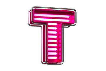 Silver and pink neon typography 3D letter T. Flashing lettering for creating titles, ad headers and eye-catching texts. High quality 3D rendering.