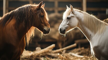 In a heartwarming display of affection, two horses gently touch noses, exuding a sense of companionship and love within the confines of their stable.