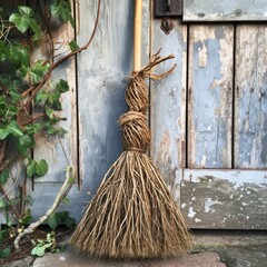 a broom leaning against a door