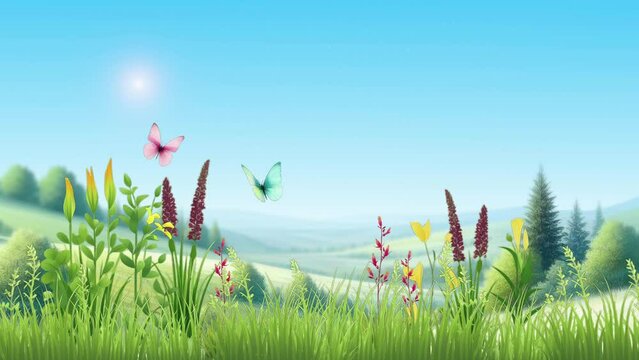Sunny day blooming spring meadow with butterflies. 2D video loop animation soothing environment.