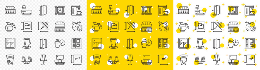 Outline Deluxe mattress, Ice tea and Square area line icons pack for web with Table lamp, Coffeepot, Door line icon. Floor plan, Coffee break, Sconce light pictogram icon. Open door. Vector