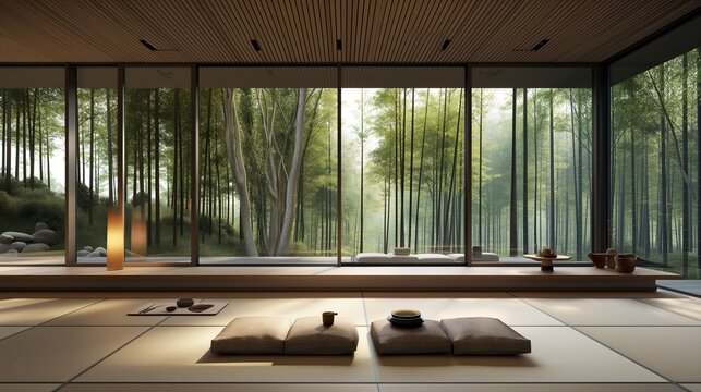 Modern Minimalism Japanese interior Clean lines contemporary space. Sleek tatami mats seamlessly integrate with expansive windows, surrounding bamboo grove. natural harmonious haven of tranquility.