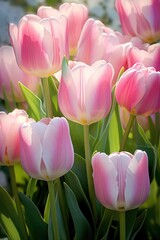 a group of pink and white tulips
