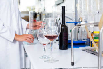 Modern laboratory of winery. Checking acidity of wine and organoleptic characteristics