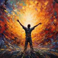 A Painting of a Dark-Skinned Teenage Boy With His Hands Raised Lit by a Sunburst Pattern