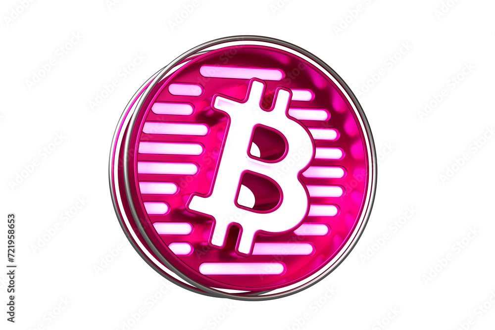 Poster bitcoin logo display in metallic pink with neon stripes. flashing cryptocurrency design for illustra