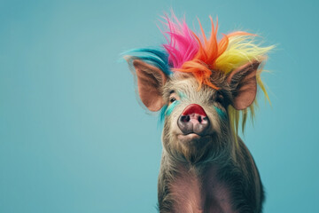 Wild boar with clown multicolor wig. AI generative art  - obrazy, fototapety, plakaty