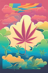Fototapeta na wymiar California Vibe Surfing with Cannabis Rainbow Clouds