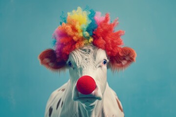 Cow with clown multicolor wig. AI generative art 