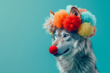Wolf with clown multicolor wig. AI generative art 