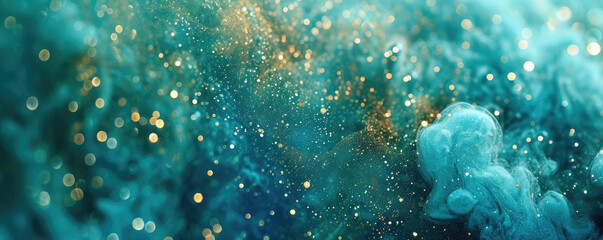 Abstract smoke background in blue green colors and gold particles with highlights and blurs for design. - obrazy, fototapety, plakaty