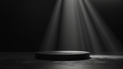Abstract black stage with one round podium in light beam with light spot mockup for presentation cosmetic products, goods, advertising, design in soft gradient. Made with generative ai