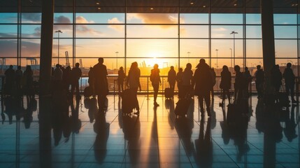 Silhouette of a busy terminal, travelers in motion, a bustling airport crowd at dusk, and a diverse group of people