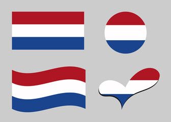 Flag of Netherlands. Netherlands flag in heart shape. Dutch flag in circle shape. Country flag variations