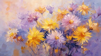 Fototapeta na wymiar Oil painting of abstract flowers on a summer evening background with yellow and purple asters.