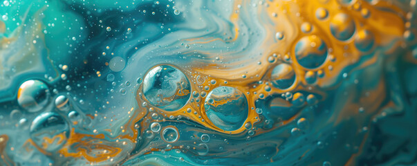 Abstract liquid withsmall beautiful acrylic bubbles and oil drops floating on the surface