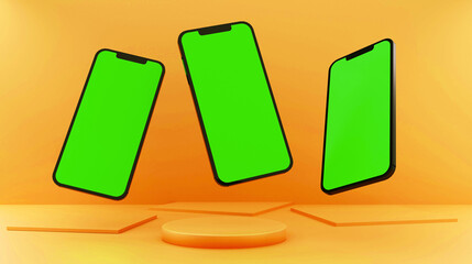 Virtual Presence 3D Rendered Podium Showcasing a Green Screen Mobile, Blending Technology and Creativity on the Digital Stage.