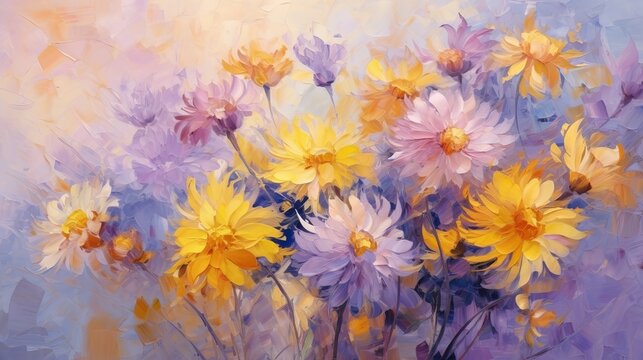 Oil painting of abstract flowers on a summer evening background with yellow and purple asters.