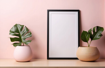 portrait blank black poster frame on wooden table, simple modern soft pink wall background, clean mock up