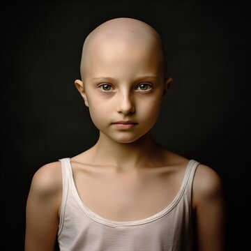 Portrait of bald cute girl suffering cancer disease. World cancer day. Healthcare and medicine concept. Cinematic light, dark background..