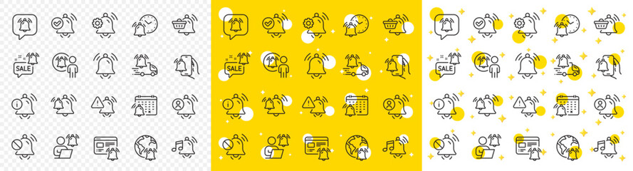 Alarm Clock, Calendar Reminder, Notification Bell. Notification line icons. User Message Alarm, Phone ring, Sale offer line icons. Time reminder, Delivery notification and calendar bell. Vector